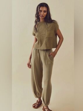 Free People FP Beach Knit Set Size S | Olive Lounge Set Wide Leg Pants + Sweater